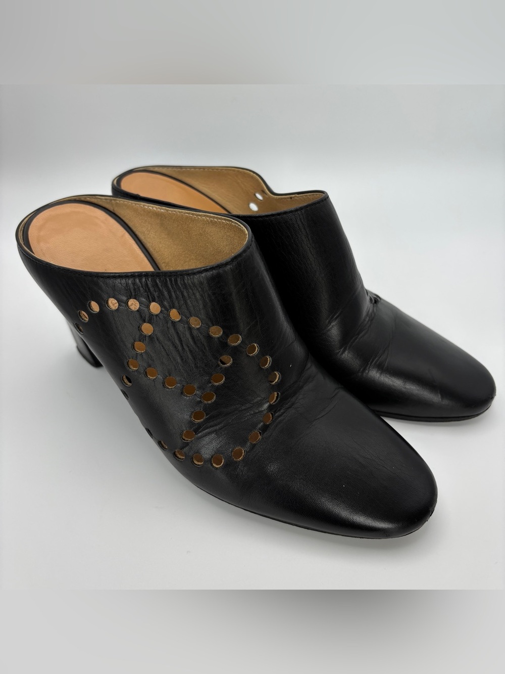 Hermes Black Leather Perforated H Logo Heeled Mules Clogs Shoes 35.5
